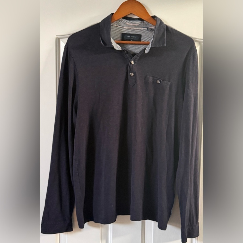 Ted Baker London Long Sleeve Polo Shirt 6 (L) Navy Striped Collar Smart Casual